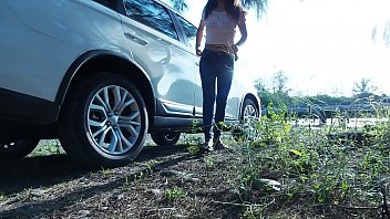 Play Piss Stop - Urgent Outdoor Roadside Pee and Cock Sucking by Asian Girl Tina in Blue Jeans
