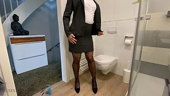 Play Slut in business suit stuffing panty in pussy, business bitch